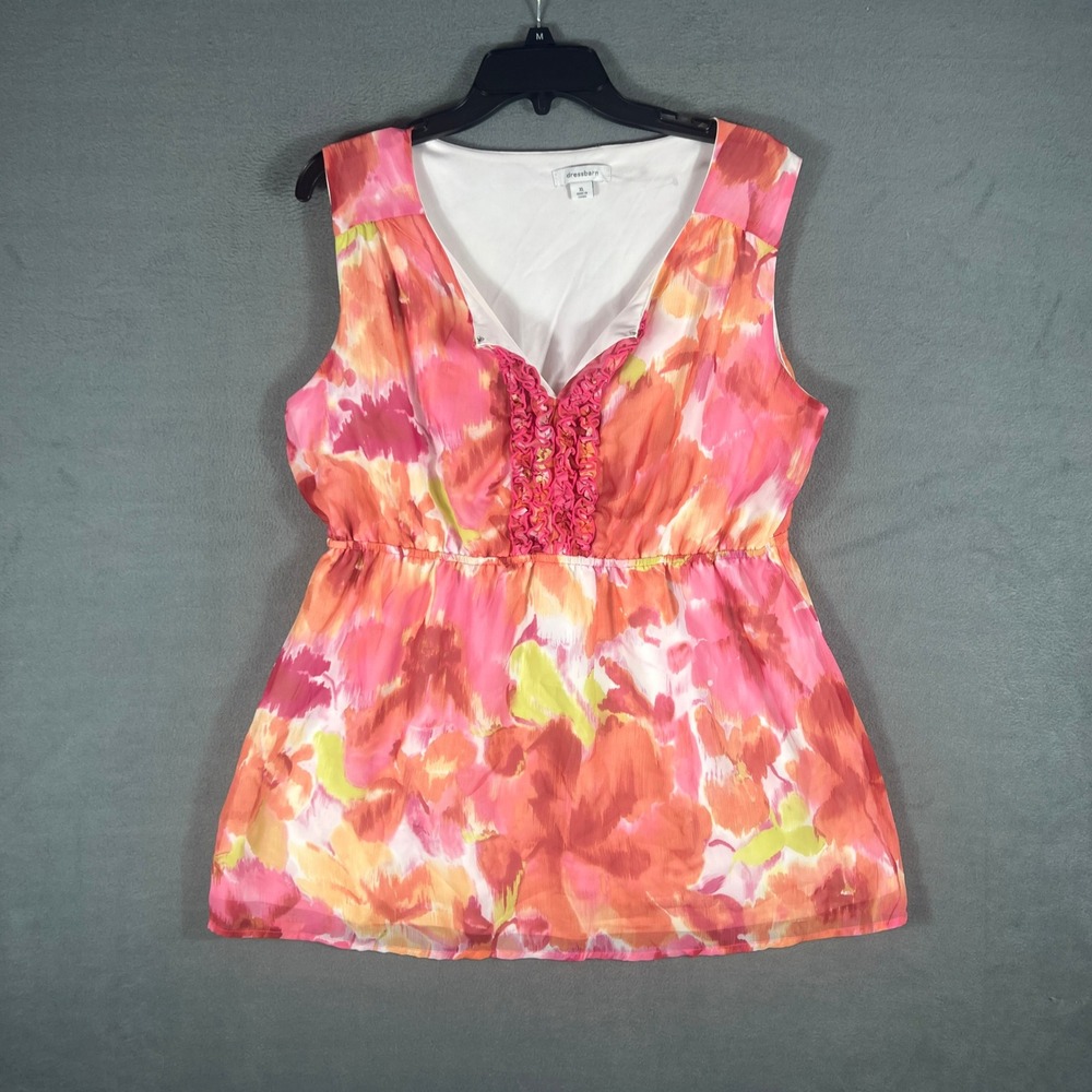 Dressbarn Womens Blouse XL Pink Floral Watercolor Sleeveless Ruffle V-Neck Top